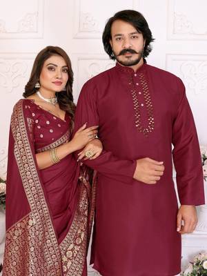 Red silk men's kurta with payjama and designer saree couple combo 2