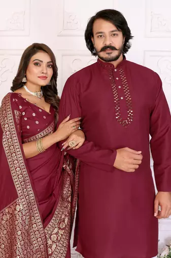Red silk men's kurta with payjama and designer saree couple combo