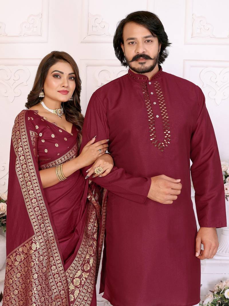 Red silk men's kurta with payjama and designer saree couple combo