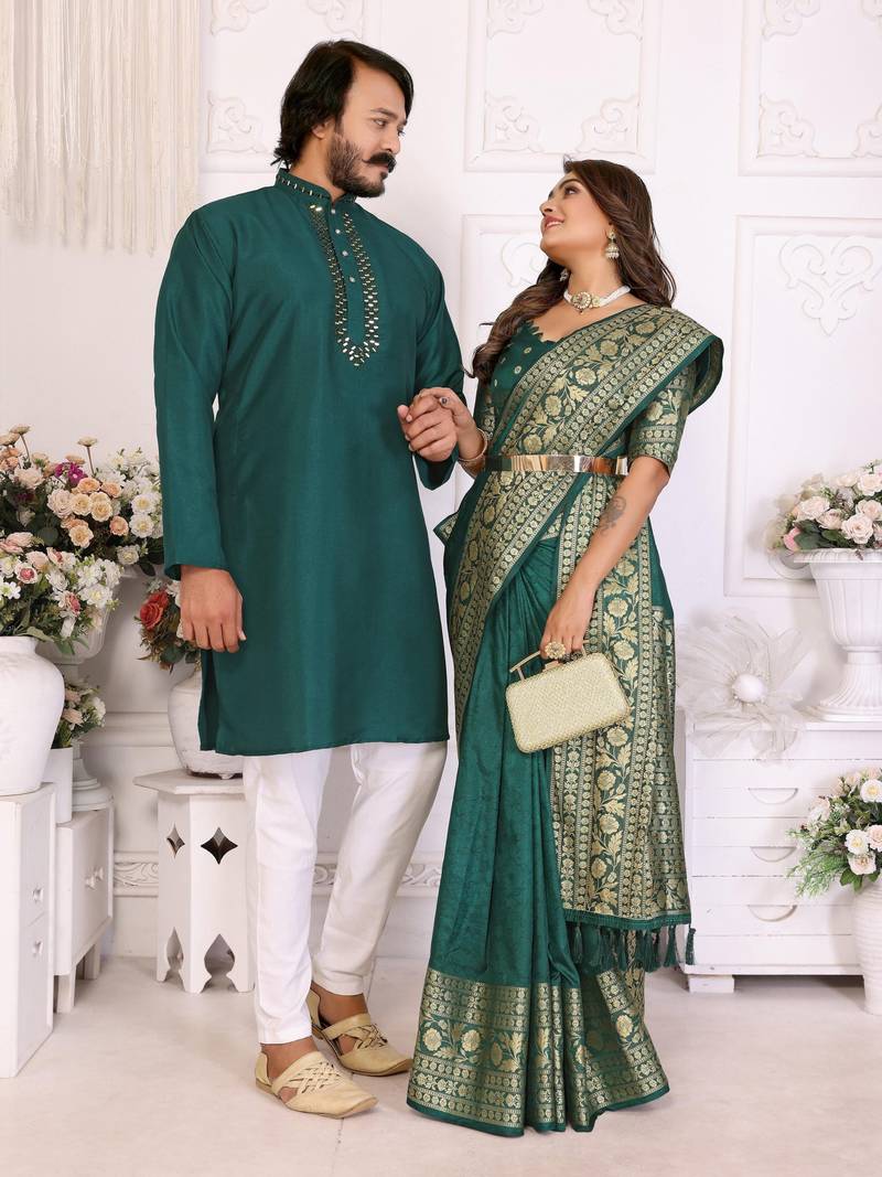 Dark green silk men's kurta with payjama and designer saree couple combo