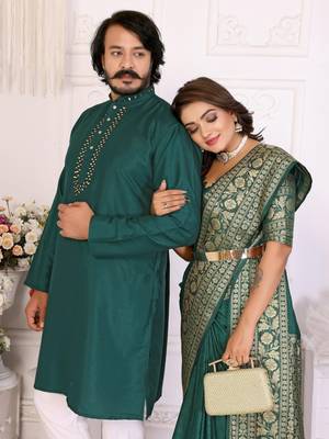 Dark green silk men's kurta with payjama and designer saree couple combo 2