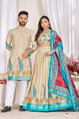 Cream silk men's  kurta with payjama and semi stitched lehenga choli couple combo