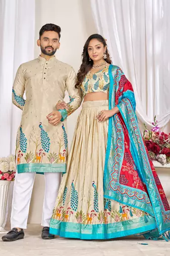 Cream silk men's  kurta with payjama and semi stitched lehenga choli couple combo