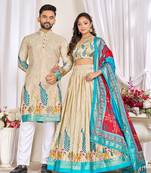 Cream silk men's  kurta with payjama and semi stitched lehenga choli couple combo