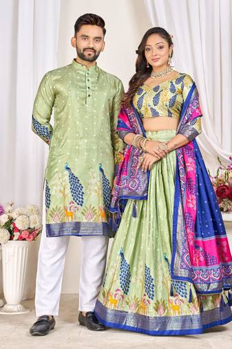 Green silk men's  kurta with payjama and semi stitched lehenga choli couple combo