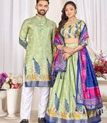 Green silk men's  kurta with payjama and semi stitched lehenga choli couple combo