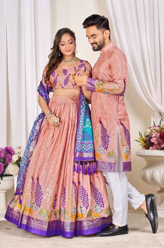 Pink silk men's  kurta with payjama and semi stitched lehenga choli couple combo
