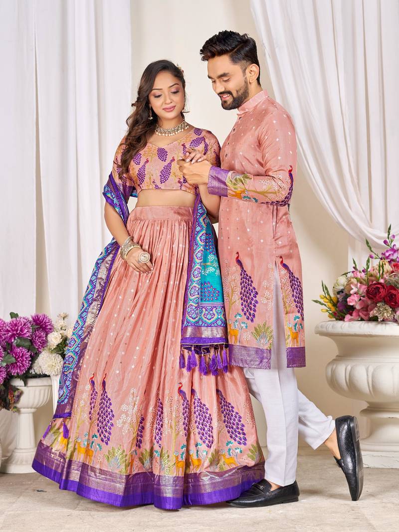Pink silk men's  kurta with payjama and semi stitched lehenga choli couple combo