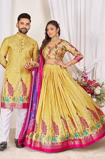 Yellow silk men's  kurta with payjama and semi stitched lehenga choli couple combo