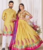 Yellow silk men's  kurta with payjama and semi stitched lehenga choli couple combo