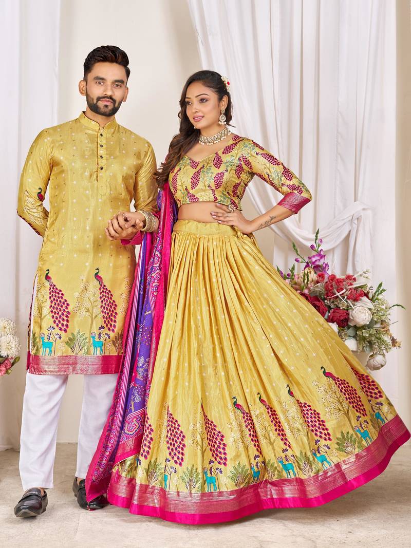 Yellow silk men's  kurta with payjama and semi stitched lehenga choli couple combo