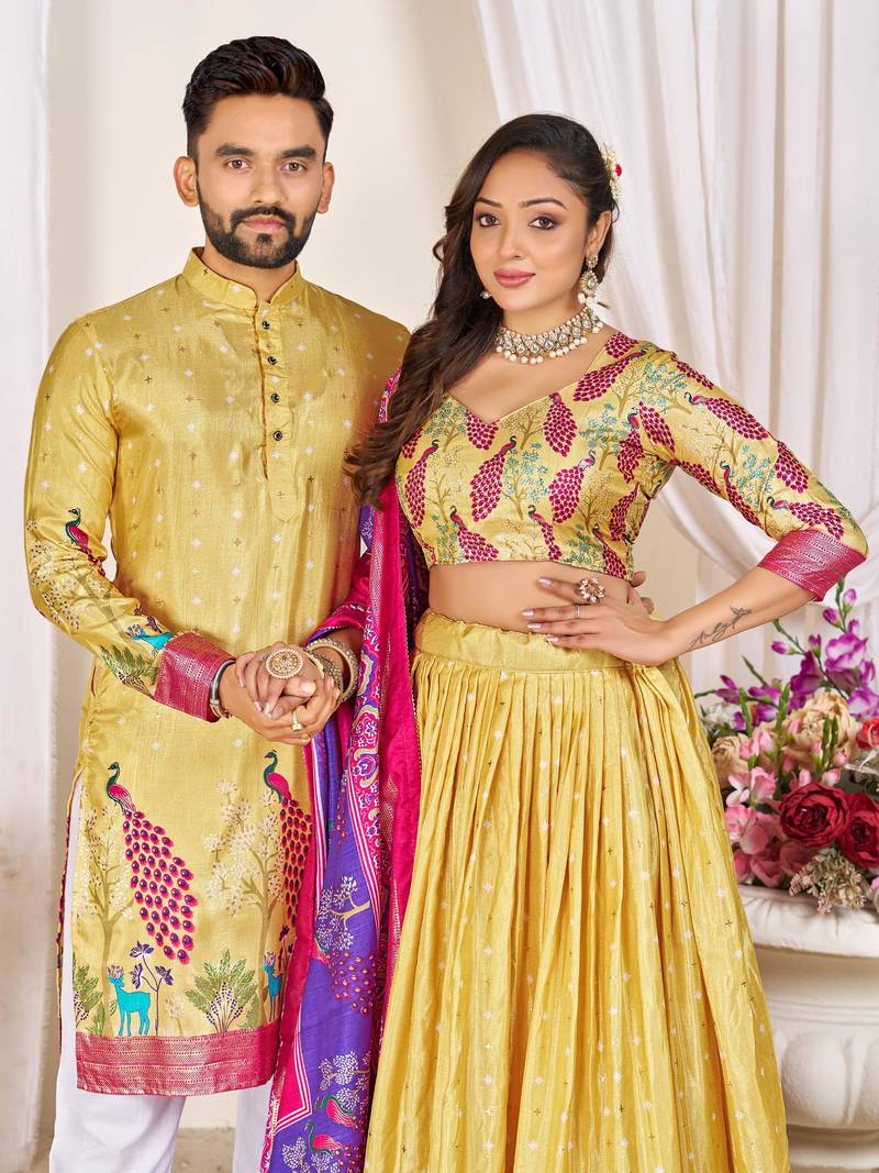 Yellow silk men's  kurta with payjama and semi stitched lehenga choli couple combo