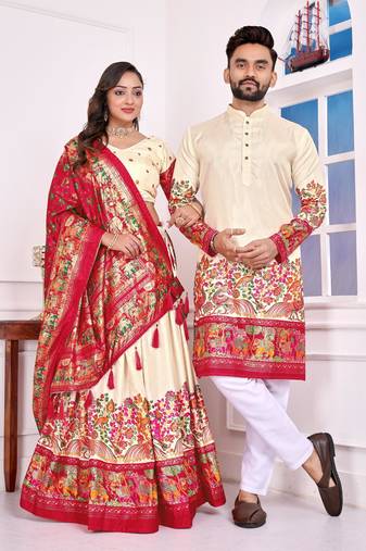 Cream silk men's  kurta with payjama and semi stitched lehenga choli couple combo