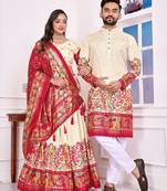 Cream silk men's  kurta with payjama and semi stitched lehenga choli couple combo