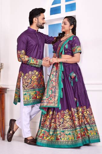 Purple silk men's  kurta with payjama and semi stitched lehenga choli couple combo