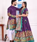 Purple silk men's  kurta with payjama and semi stitched lehenga choli couple combo