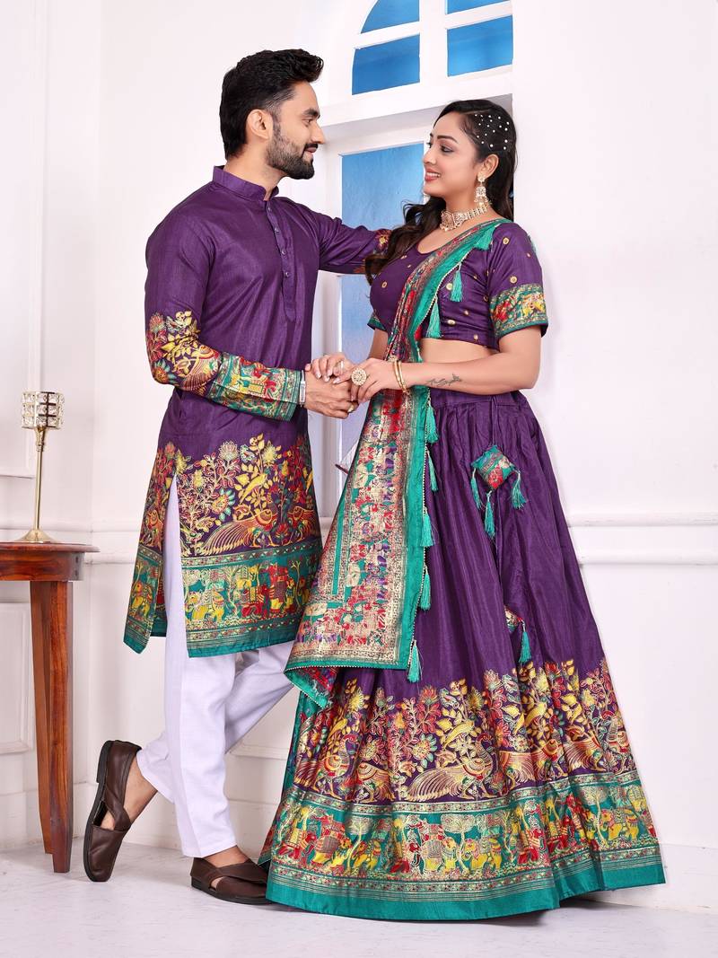 Purple silk men's  kurta with payjama and semi stitched lehenga choli couple combo
