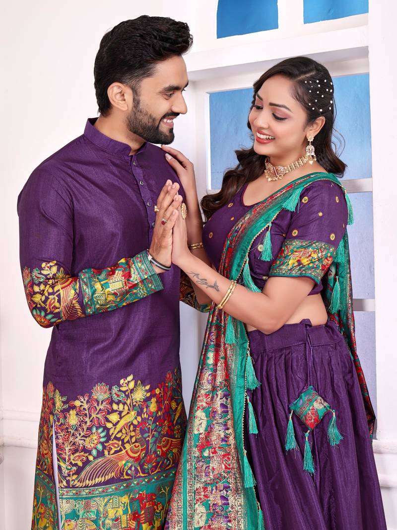 Purple silk men's  kurta with payjama and semi stitched lehenga choli couple combo