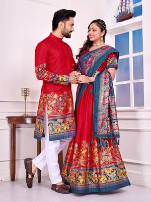 Red silk men's  kurta with payjama and semi stitched lehenga choli couple combo 1