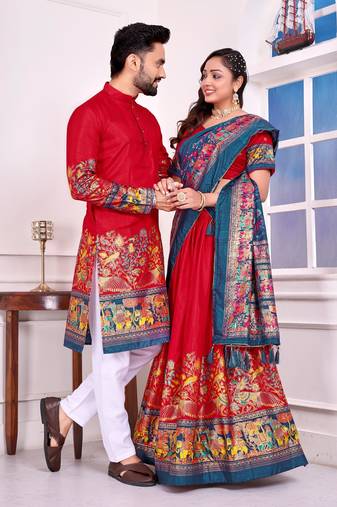 Red silk men's  kurta with payjama and semi stitched lehenga choli couple combo