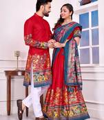 Red silk men's  kurta with payjama and semi stitched lehenga choli couple combo