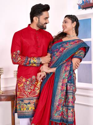 Red silk men's  kurta with payjama and semi stitched lehenga choli couple combo 2