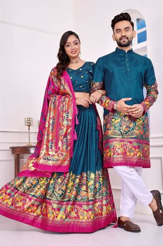 Teal silk men's  kurta with payjama and semi stitched lehenga choli couple combo