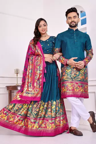 Teal silk men's  kurta with payjama and semi stitched lehenga choli couple combo