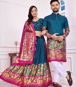 Teal silk men's  kurta with payjama and semi stitched lehenga choli couple combo