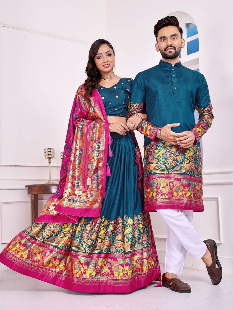 Teal silk men's  kurta with payjama and semi stitched lehenga choli couple combo