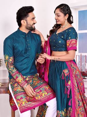 Teal silk men's  kurta with payjama and semi stitched lehenga choli couple combo 2