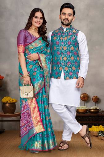 Blue silk men's kurta with payjama and designer saree couple combo