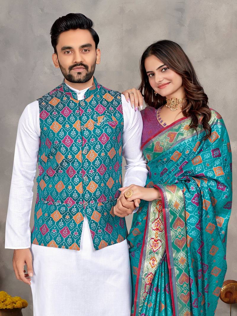 Blue silk men's kurta with payjama and designer saree couple combo