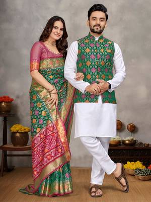 Green silk men's kurta with payjama and designer saree couple combo 1