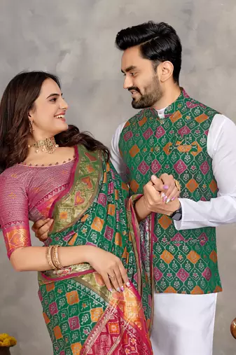 Green silk men's kurta with payjama and designer saree couple combo