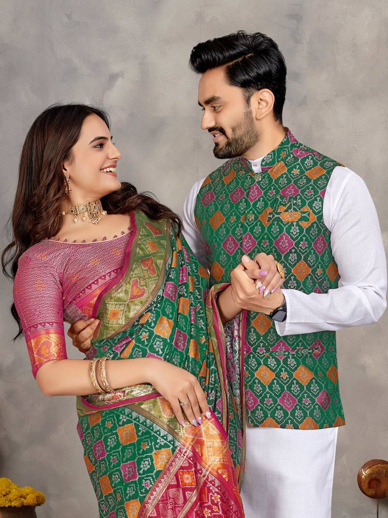 Green silk men's kurta with payjama and designer saree couple combo