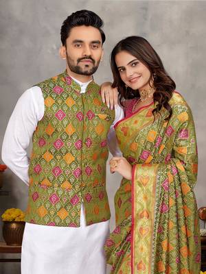 Mehendi silk men's kurta with payjama and designer saree couple combo 2
