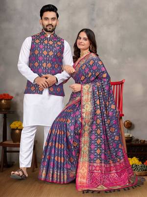 Navy blue silk men's kurta with payjama and designer saree couple combo 1