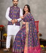 Navy blue silk men's kurta with payjama and designer saree couple combo