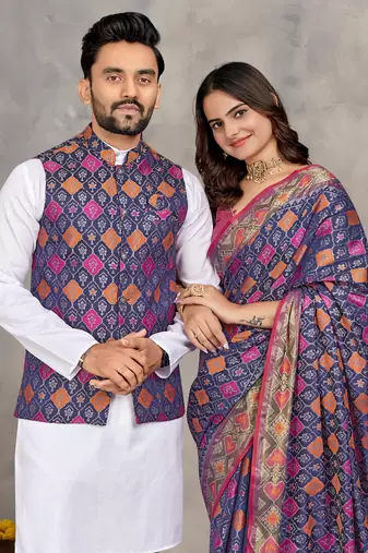 Navy blue silk men's kurta with payjama and designer saree couple combo