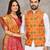 Orange silk men's kurta with payjama and designer saree couple combo