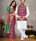 Purple silk men's kurta with payjama and designer saree couple combo
