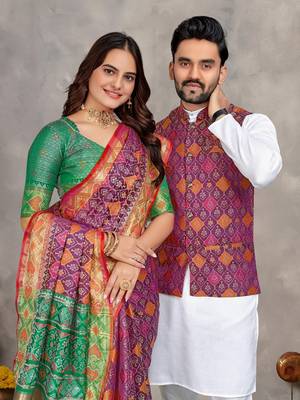 Purple silk men's kurta with payjama and designer saree couple combo 2