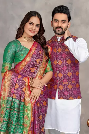 Purple silk men's kurta with payjama and designer saree couple combo