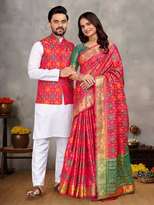Red silk men's kurta with payjama and designer saree couple combo 1