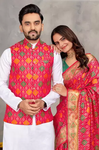 Red silk men's kurta with payjama and designer saree couple combo