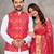 Red silk men's kurta with payjama and designer saree couple combo
