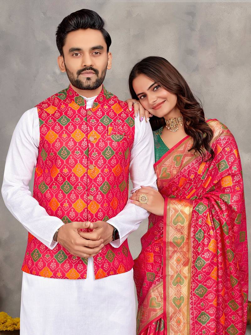 Red silk men's kurta with payjama and designer saree couple combo
