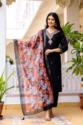  Viscose Chanderi Embroidery Work Straight Kurta Pant and Dupatta Set 1