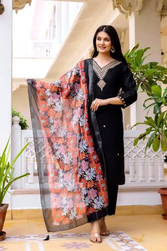  Viscose Chanderi Embroidery Work Straight Kurta Pant and Dupatta Set